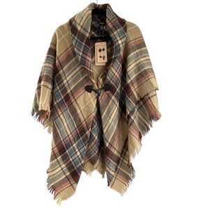 Altare Shawl Poncho in Camel Tan Light Blue Plaid with Toggle Closure NWT